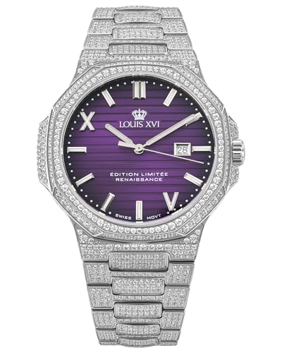 LOUIS XVI Renaissance 1624 - Ø 40 mm - Herren Uhr - Wasserdicht - Saphirglas - Armband Silber - Iced Out CZ-Diamanten - Zifferblatt Violett - CH Quarzwerk
