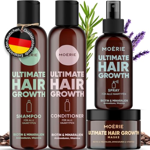 MOERIE Shampoo Set - gegen Haarausfall, Conditioner, Haarwachstum Serum & Haarmaske - natürlich Haarwachstum beschleunigen - Veganes Haarwuchsmittel Frauen & Männer - 77 Mineralien (4er-Set)