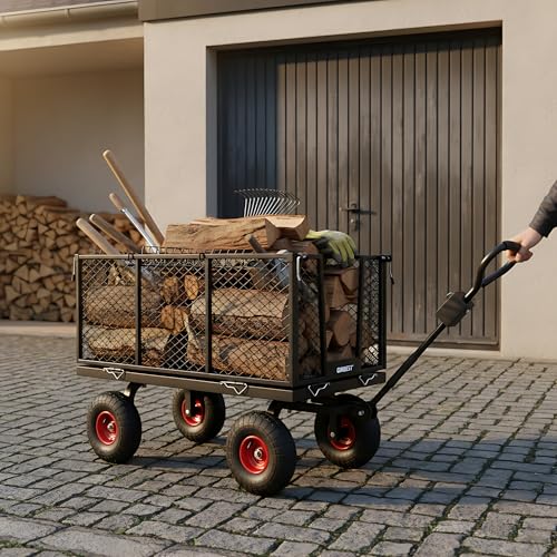 ONBEST Bollerwagen mit klapp baren Seitenwänden – Gartenwagen für 550 kg Zuladung – groß er 205 Liter Gitterkorb aus Metall – Bollerwagen – Lastenwagen – Outdoor – Transportwagen