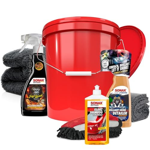 Autowäsche Set - SONAX: Autoshampoo, Felgenbeast Felgenreiniger, Brilliant Shine Detailer - Detailmate: Trockentuch, Waschhandschuh, Wascheimer mit Deckel - Autoreinigungsset Aussen