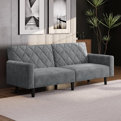 Yaheetech 2 Sitzer Sofa mit Schlaffunktion, 159cm Sofabett aus Samtstoff, Kleine Schlafcouch, 140,5 × 94 cm Liegefläche, für Wohnzimmer/Schlafzimmer, Dunkelgrau