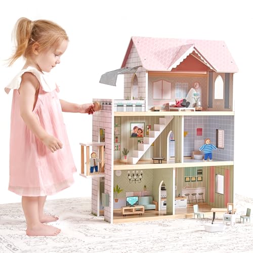 Giant bean Puppenhaus Holz, 80 cm Hoch, mit Aufzug, Türklingel, Licht, 15 Möbelstücken und 3 Puppen, Spielzeuggeschenk für Mädchen im Alter von 3+ Jahre (pink)