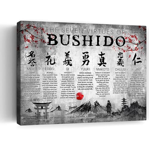 Japanische Samurai-Wandkunst, 7 Tugenden, Bushido, inspirierende Bilder, Wanddekoration, japanischer Krieger, Leinwanddrucke, gerahmt, modernes Gemälde, Kunstwerk für Schlafzimmer, Büro, Wohnzimmer,
