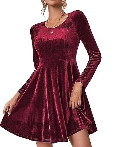 Zeagoo Abendkleider Damen Rotes Kleid Langarm Samtkleid Weinrot Weihnachtskleid Rundhals Partykleid Festliche Kleid Samt Kleid Winterkleid Freizeitkleid Weinrot L