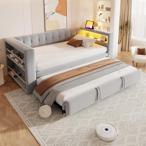 EINHOM Schlafsofa 90/180×190 cm, Polsterbett mit LED-Beleuchtung & USB-und-Type-C, Tagesbett mit Ausziehbett, Sofalehne mit Offenem Stauraum, Flannelette, Ohne Matratze (Hellgrau - Ausziehbett)