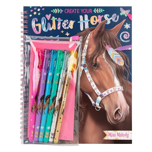Depesche 12931 Miss Melody Create your Glitter Horses - Malbuch mit 30 Seiten zum Gestalten von Pferde-Motiven, inkl. 6 glitzernden Gelstiften
