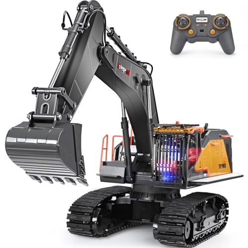 kolegend 1:14 Ferngesteuerter Bagger, Metall RC Excavator 22-Kanal Baggers Ferngesteuert, mit 2 Wiederaufladbaren Batterien Geliefert, mit Lichtern und Soundeffekten für Jungen und Mädchen