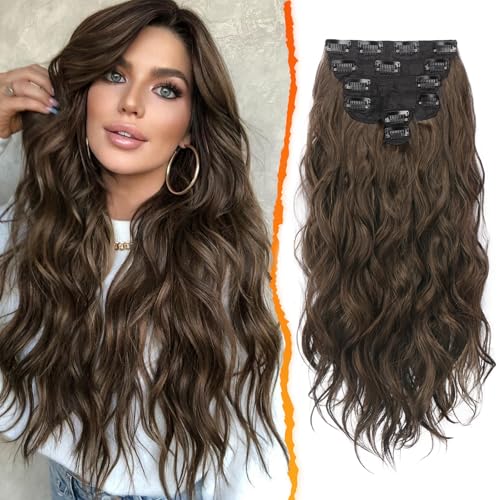 BARSDAR Clip in Extensions Für Frauen, 50CM Braun Wellige Clip in Haarverlängerungen 6PCs Dickes Natürliches Weiches Synthetisches Haarteile Haare Extensions - Braun