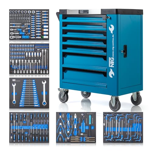 NTG Werkzeugwagen bestückt mit Werkzeug + 7 Schubladen | 252 Teilig | Abschließbar | Davon 6 mit Werkzeug | Mit Soft Inlays in Carbonoptik | Werkstattwagen gefüllt Werkzeugkasten