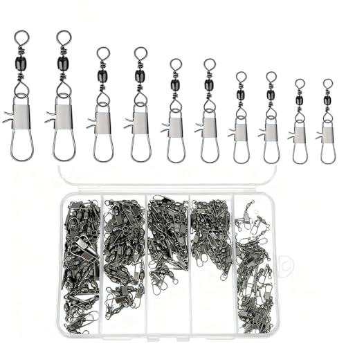 Xynovate 150 Stück Angel Wirbel Set, Angeln Kugellager Wirbel, Angeln Barrel Wirbel mit Kugellagerwirbel fur Salzwasser Wirbel, Angelzubehör Wirbel 5 Größe 7# 8# 10# 12# 14#