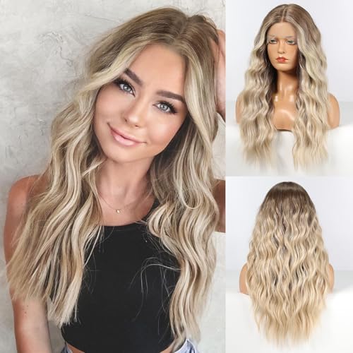 EMMOR lange Lace-Front-Perücke für Frauen,Naturhaar-Effekt, glatte Synthetikperücken mit Mittelscheitel.