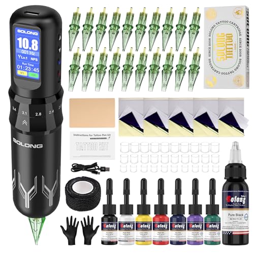 Solong Tattoo Kit, 7 Strokes,Profi Rotary Wireless Tattoo Maschine Set mit 1600mAh Akku, LCD Display, 20 Tattoo Nadeln und 8 Tattoo Farben Komplettes Tattoo Set für Anfänger & Künstler SL-TKE200AEU-1