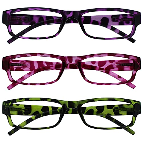 OPULIZE ACE Lesebrille für Damen und Herren - 3er-Pack - Schmaler Rechteckiger Rahmen - Komfort Federscharniere - Kratzfest - Lila Rosa Grün Schildpatt +2.50