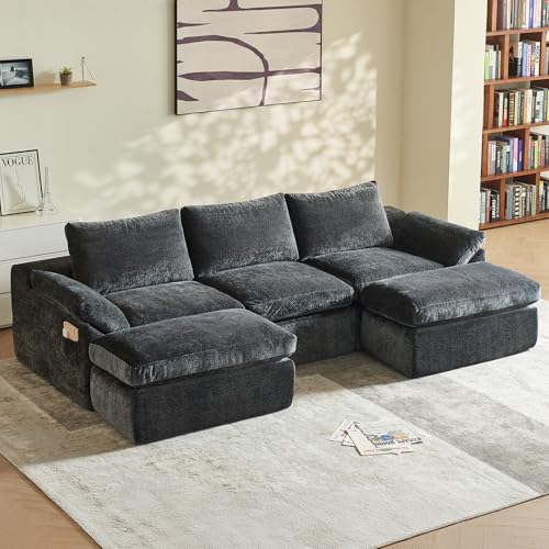 Vamcheer Ecksofa mit Schlaffunktion (Vollschaum) - 3 Sitzer Modulares Boneless Big Sofa XXL, Cloud Couch U Form für Wohnzimmer, Groß Schlafsofa, Moderne Schlafcouch Eckcouch, 275 x 153 cm, Grau