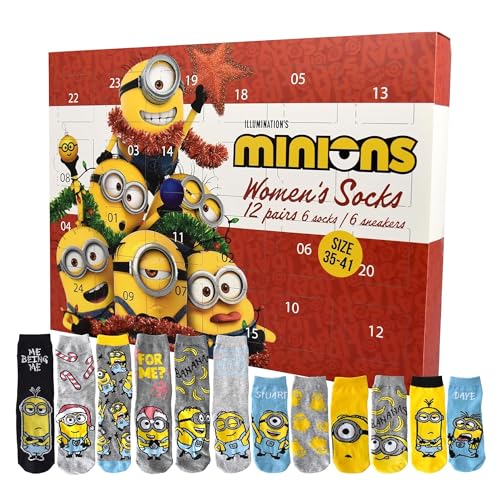 United Labels Minions Adventskalender mit 12 Paar Socken für Damen, Größe 35-41, Kalender mit Sneaker und langen Socken, Weihnachtskalender Geschenk