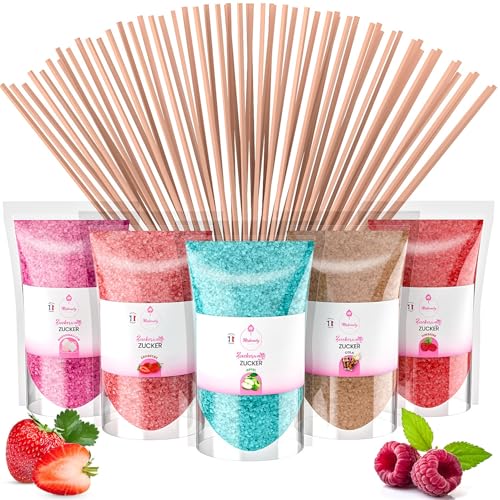 Misskandy®- Zuckerwatte Zucker 5X160Gr (Natürliche Aromen und Farben) Erdbeer-Cola-Apfel-Marshmallow-Himbeere/Zuckerwattemaschine/ + 20 Sticks (kostenlos)