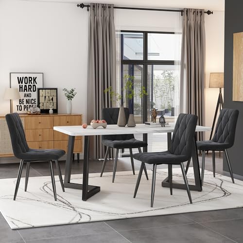 Gxffipw Essgruppe Esstisch mit 4 Stühlen Set für 4 Personen, Rechteckiger Esstisch 117x68x75 cm mit Schwarz Metallbeinen und 4 Grau Samt Esszimmerstühle, Weiße Tischplatte, Esszimmermöbel, Küchenmöbel