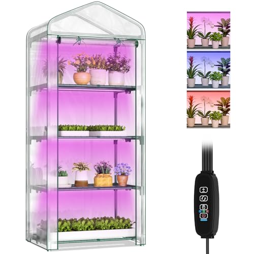 SUNYRISY Gewächshaus Klein mit Grow Lampe, Premium 4 Etagen Tomatengewächshaus Foliengewächshaus mit LED Pflanzenlampe, Pflanzen überwinterungszelt Greenhouse für Balkon, Garten