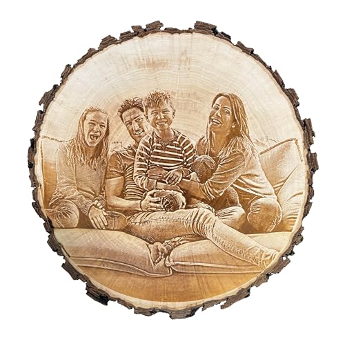 Personalisierte Baumscheibe mit Gravur & Fotogravur, verschiedene Größen, personalisierte Geschenke zu Hochzeit, Jubiläum, Jahrestag, Geburtstag & Weihnachten, Unikat aus massivem Erlenholz.