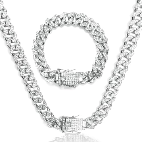 LOCCY 12 MM kubanische Gliederkette, kubanische Kette, silberne kubanische Gliederkette, iced out armband ice out kette mit Karabinerverschluss, Länge 50/55/60cm(Silber, 55)