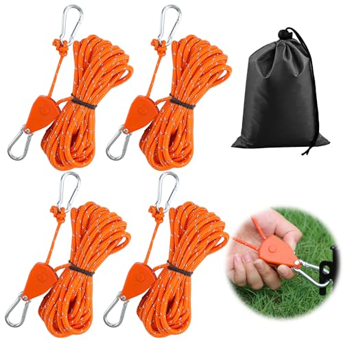 Tyafzzn 4 Stück 4mm Verstellbarer Seil Ratsche, 4m Abspannseile mit seilspanner, Einstellbare Ratchet Hanger, Zeltschnur mit Aufbewahrungstasche, Reflektierende Abspannseile für Sonnensegel (Orange)