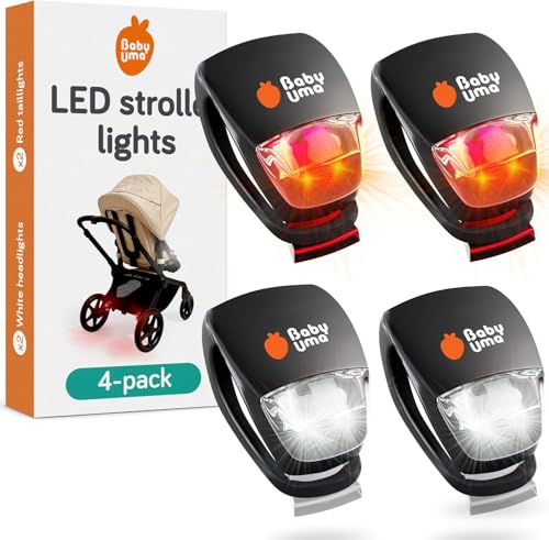 Baby Uma LED Kinderwagen Licht (4er-Pack) - Universelle Kinderwagen Beleuchtung mit 3 Leuchtmodi (Dauerlicht/schnelles Blitzlicht/langsames Blitzlicht), 2 weiße Frontscheinwerfer & 2 rote Rücklichter