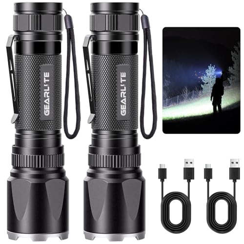 GEARLITE Taschenlampe Led Aufladbar 2Pack, Superhelle Zoombare 3000 Lumen Mini Torch mit 3 Lichtmodi & Langer Betriebsdauer, IP65 Wasserdicht Taktische Handlampe für Camping, Angeln, Outdoor, Notfäll