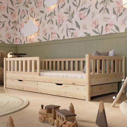 Crazy Pine Kinderbett mit Schublade 90x200cm – Massives Montessori Bodenbett aus Holz mit Rausfallschutz – Sicheres Kleinkindbett – Skandinavisches Design Leichte Montage - Crazy Basic