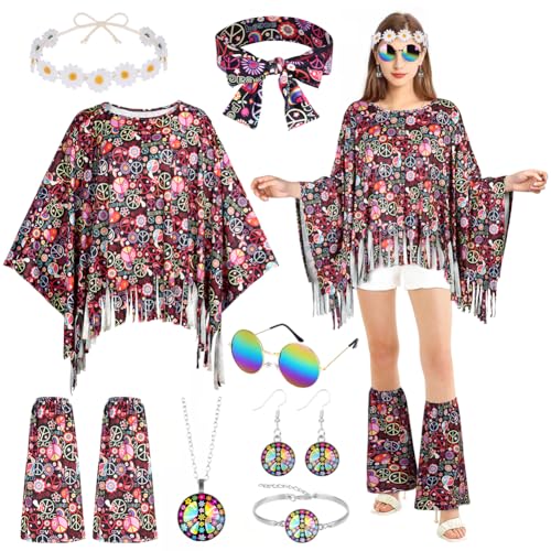 AOOWU 9pcs Hippie Kostüm Damen Set, 60 er 70er Jahre Hippie Kleidung, Kostüm Hippie, Karneval Kostüm Damen Hippie, Disco Outfit Hippie Accessoires für Karneval Disco Party Cosplay Mottoparty Halloween