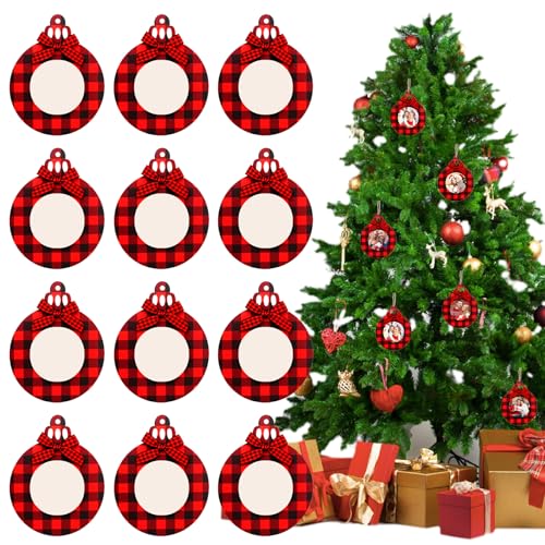 Weihnachtsbaum Anhänger, 12 Stück Weihnachtsbaum Schmuck Holz,Fotorahmen Christbaumschmuck Holz Rot Anhänger für Weihnachtsbaumdeko und Christmas Decorations
