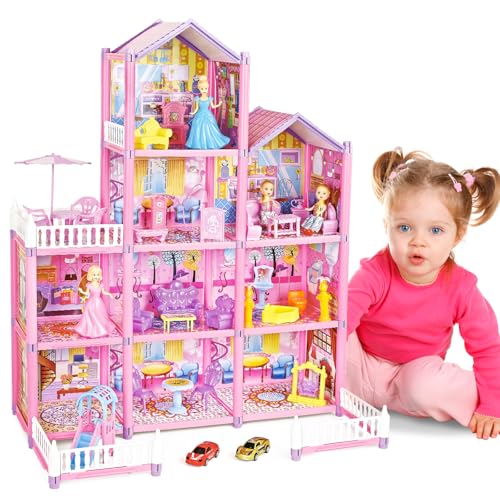 deAO Puppenhaus Traumhaus für Mädchen, Dollhouse Stadthaus mit Spielzeugfiguren und Möbelstücken Zubehör, Dreamhouse Spielhaus Spielraum Puppen Spielzeug für Kinder ab 3 Jahren (10 Room)