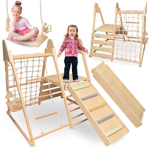 mamabrum Holz Haustier Spielplatz XL 5in1, Rutsche, Schaukel, Kletterwand, Netz und Leiter für Aktive Kleinkind, Stabil, Für Aktiv-Homepage, Unterstützung Baby Entwicklung