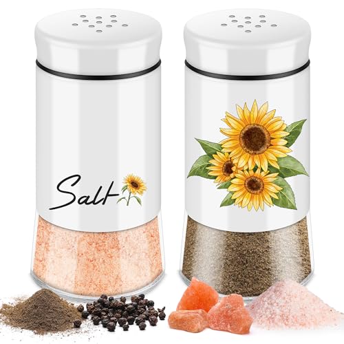 Salz und Pfefferstreuer 2er Set - 5 Unzen Salzstreuer Glas, Pfeffer Gewürzstreuer, Klein mit Glasboden und Edelstahldeckel, für Küche, BBQ, Wohnmobil Nachfüllbares Design - Weiß Sonnenblume