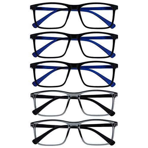 OPULIZE Ink Lessebrille 5er Pack Groß Rechteckig Rahmen Federscharniere Kratzfest Schwarze Grau Herren Damen RRRRR4-11177 +1.50