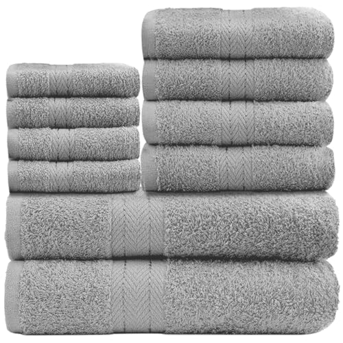 GC GAVENO CAVAILIA Weiche Handtücher – 10-teiliges Badezimmer-Handtücher-Set – Premium-Qualität, wasserabsorbierendes Handtuch, 4 Gesicht, 4 Hand, 2 Badetuch, 450 g/m² waschbares Handtuch-Set, Silber