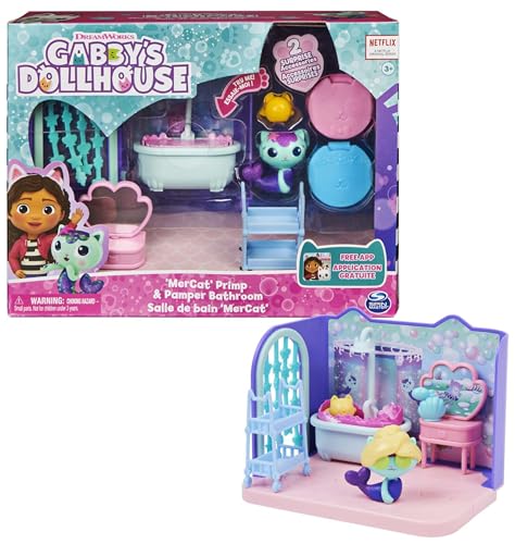 DREAMWORKS GABBY'S DOLLHOUSE - Deluxe Raum, Primp and Pamper Bathroom, Badezimmer mit Meerkätzchen (engl. MerCat), 3 Möbelstücken und 2 Überraschungsboxen mit Zubehörteilen, 3 Jahren