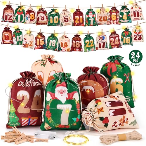 DazSpirit Adventskalender zum Befüllen 2025 mit LED Lichtern, 24 Groß Adventskalender Stoffbeutel, Advents kalender Selber Befüllen für Kinder & Erwachsene, Säckchen mit Holzklammern und Hanfseil