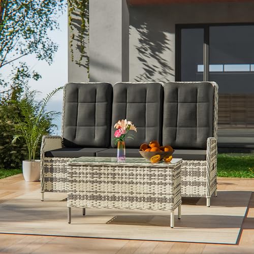 Gotland 3-Sitzer Rattan Gartenmöbel Set mit 118° Rückenlehne, Verstellbar, Outdoor Lounge aus Wasserfestem Polyrattan für Terrasse & Garten Möbel draußen(Schwarz)