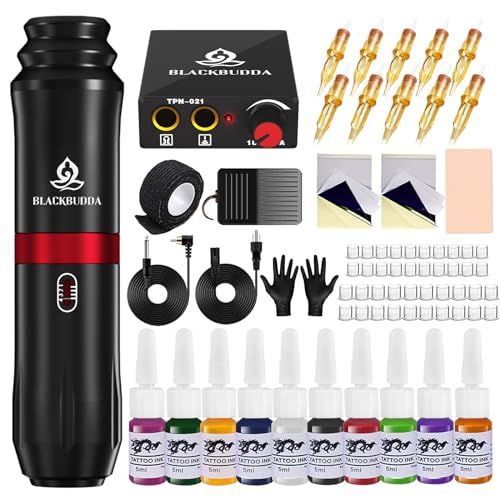 Blackbudda Tattoo Maschine Set, Rotary Tattoo Maschine Set für Profis mit Power und Pigment, 10 Stück Patronen Nadeln (Schwarz)
