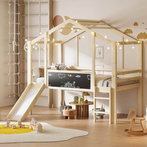 Gxffipw Hausbett Kinderbett 90x200 cm mit Rausfallschutz und Graffiti-Tafel, Einzelbett Hochbett mit Rutsche und Stehleiter, Etagenbett Holzbett Bettrahmen mit Lattenrost, Holzfarbe, Ohne Matratze