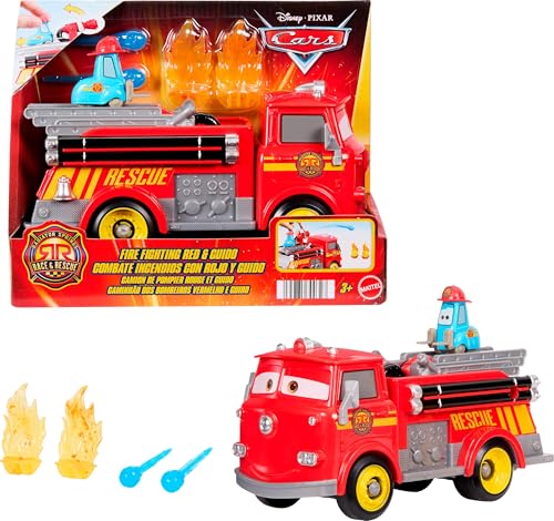 Mattel Disney Pixar Cars Feuerwehrauto, Radiator Springs Rennen & Retten Feuerwehrauto Red und Guido, 2 Flammenziele und 2 Wassergeschosse aus Kunststoff, JFL54