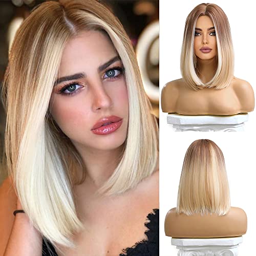 Esmee 14 Zoll Kurze Gerade Ombre Blonde Bob Perücken Synthetischem Haar mit Braun Wurzeln für Frauen Cosplay Tägliche Party Verwendung