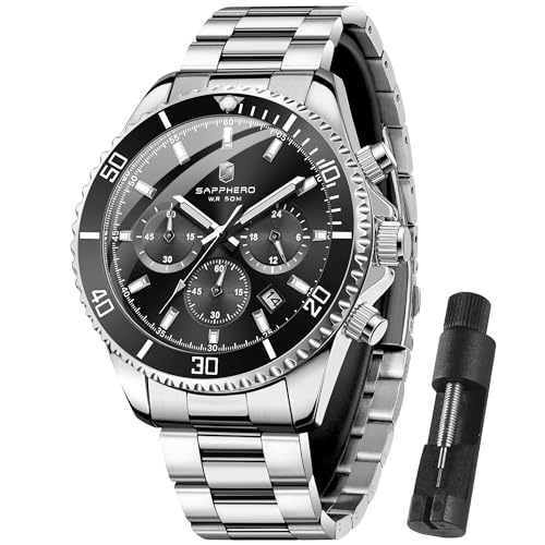 SAPPHERO Uhren Herren Chronograph Analog Quarz 50M Wasserdicht Armbanduhr Herren Mode Lässig Business Herrenuhren mit Kalender Edelstahlarmband Uhr Geschenk für Männer