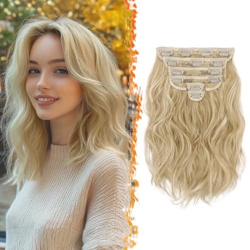 BARSDAR Clip in Extensions Blond, 30cm Kurzes Wellige Clip in Haarverlängerungen Für Frauen 6PCs Voller Kopf Dickes Synthetisches Haarteile Natürliches Weiches - Helles Aschblond Mix