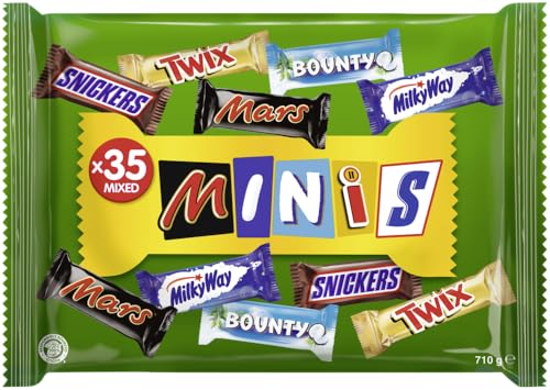 Mixed Minis Schokolade Großpackung, Schokolade, 35 Mini-Schokoriegel Snacks (Mars, Snickers, Bounty, Twix, Milky Way) als Süßigkeiten, Schokoladen Geschenk, Süßigkeiten Box (710g)