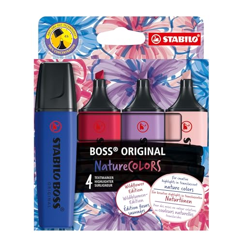 STABILO - Textmarker - BOSS ORIGINAL NatureCOLORS Wildflower - 4er Pack - rouge, ultramarinblau, grauviolett, burgunderrot