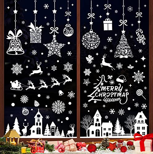 193 Stk Fensterbilder Weihnachten Selbstklebend,Weiß Fensterdeko Weihnachten Wiederverwendbar,PVC Schneeflocken Fensterdeko, fenstersticker Weihnachts mit Häuser für Winter Fenster deko Weihnachtsdeko
