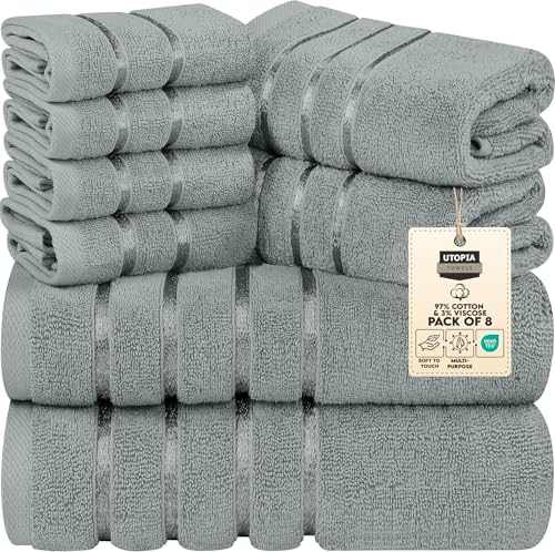 Utopia Towels - 8er-Pack Handtuch-Set mit Aufhängeschlaufe aus 97% Baumwolle, saugfähig und schnell trocknend 2 Badetücher, 2 Handtücher, 4 Waschlappen (Kühl Grau)