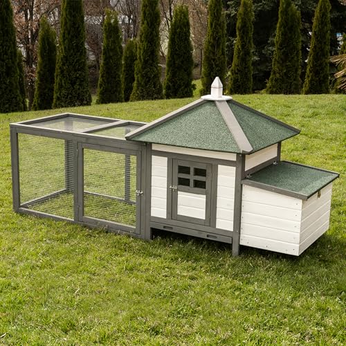 Miweba MyAnimal Hühnerstall MH-19 | 206x73x123 cm - Für 3 Hühner - Nistkasten mit Freilaufgehege - 2 Sitzstangen - Winterfest - Hühnerhaus mit Eiablage - Kiefernholz - Voliere (Grau/Weiß)