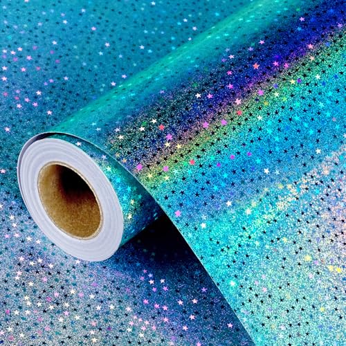 Blau Holografisches Geschenkpapier, Sterne Geschenkpapier Rolle für Kinder und Erwachsene, Bunte Metallic Folie Geschenkverpackung Papier für Geburtstag, Muttertag, Weihnachten, 43CM X 10M